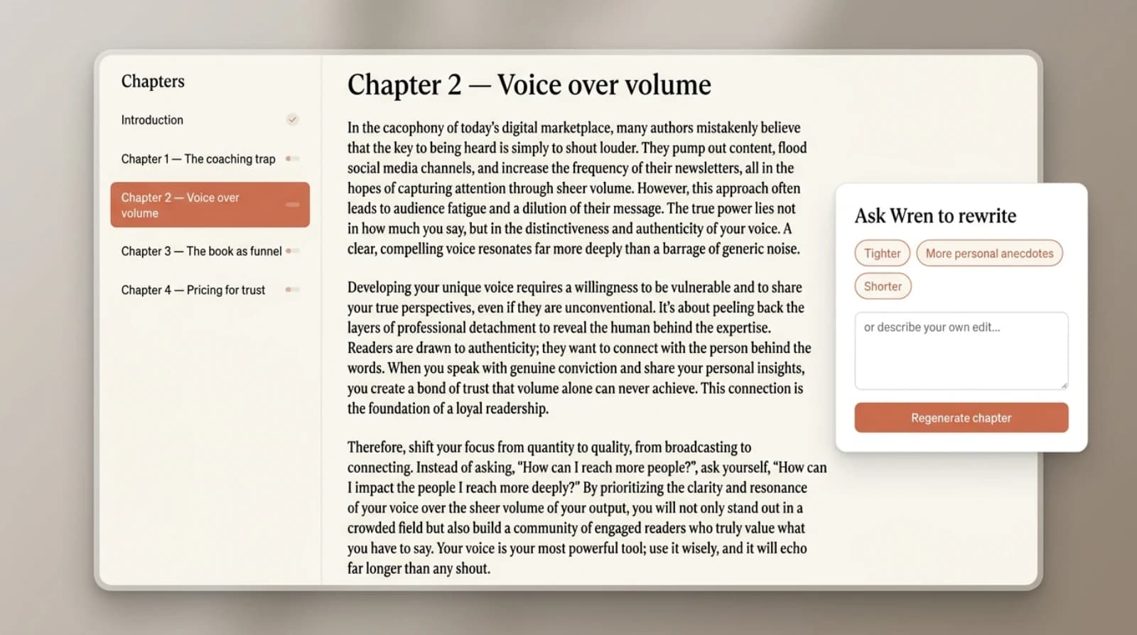 Built&Written editor showing a chapter open for regeneration