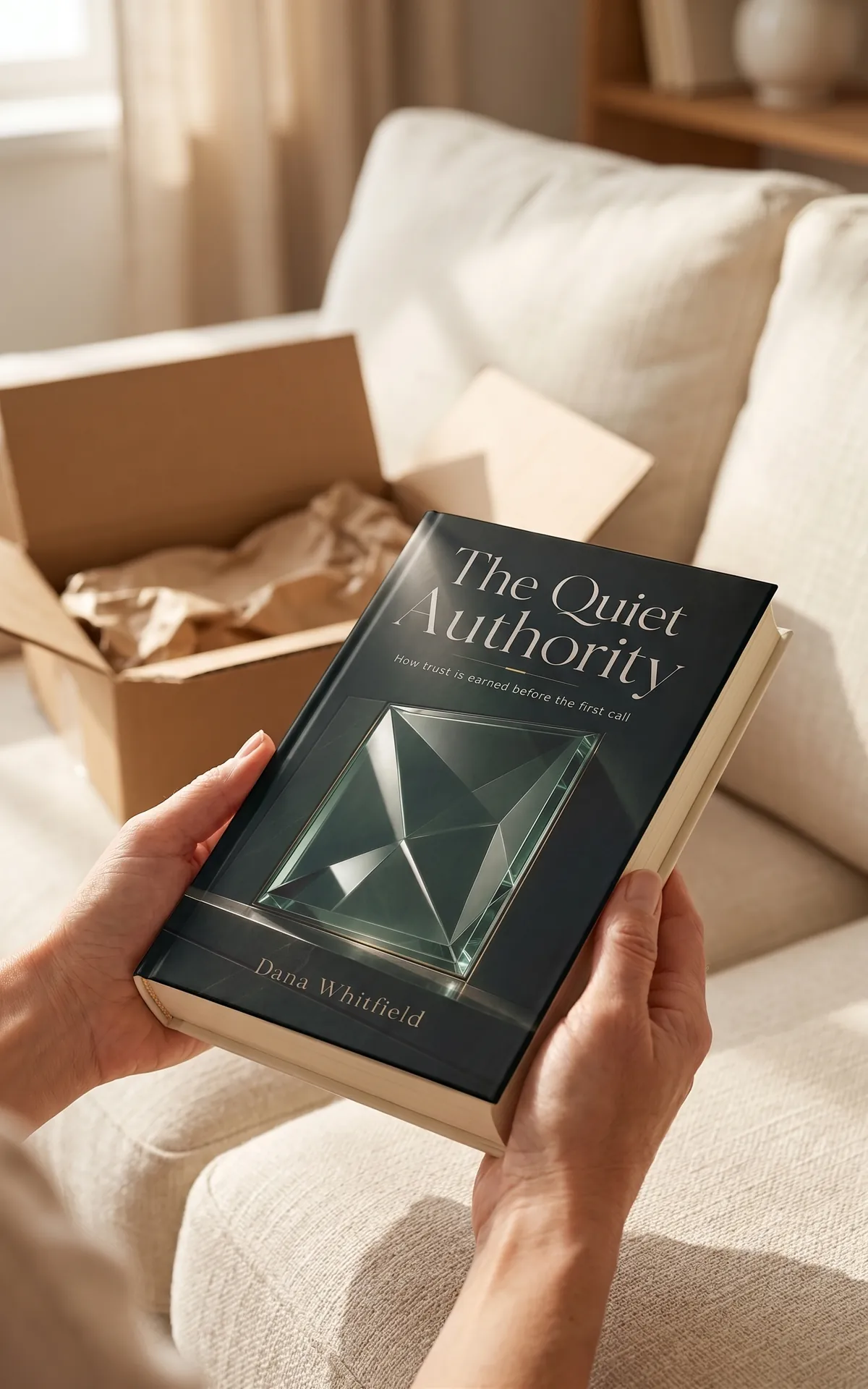 Hands holding a freshly printed paperback with a cover generated in Built&Written, shipping box behind