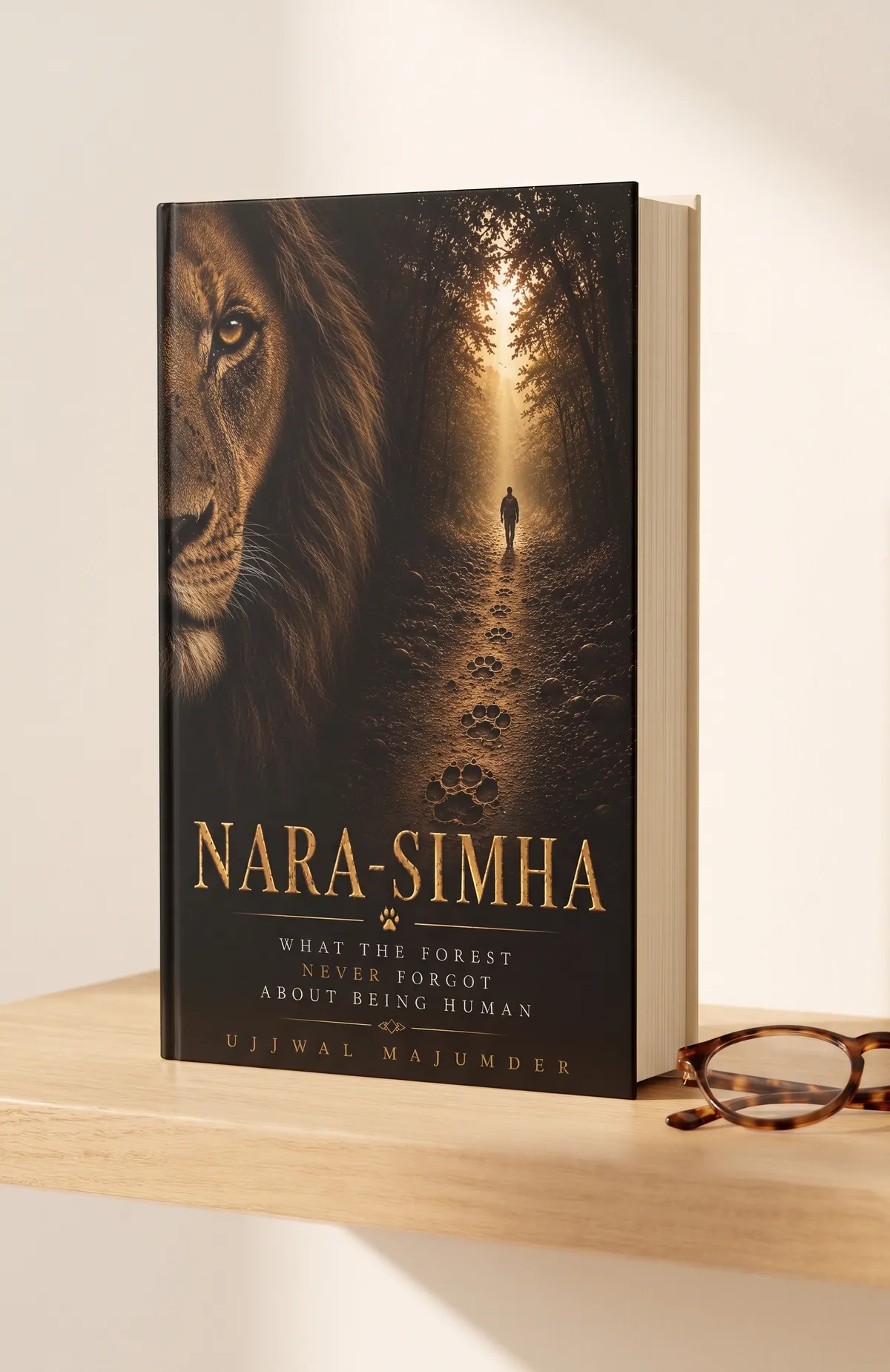 Printed copy of Nara-Simha by Ujjwal Majumder standing on a shelf
