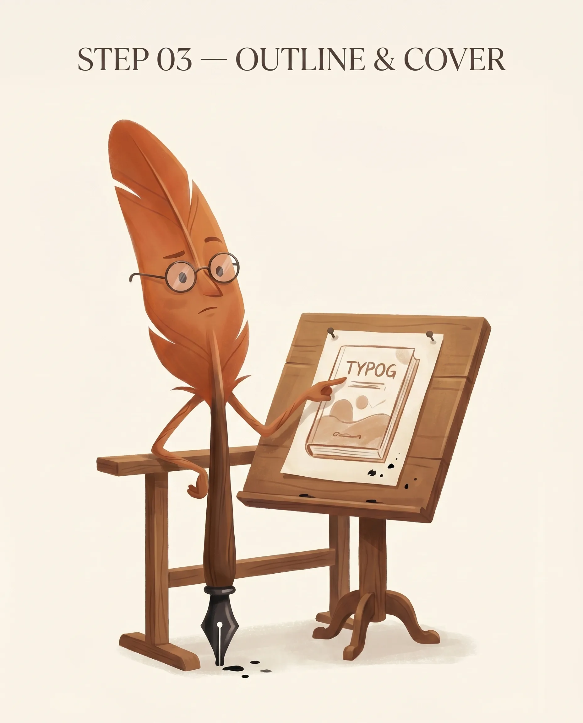 Wren at an angled drafting easel, pointing thoughtfully at a book cover sketch in progress