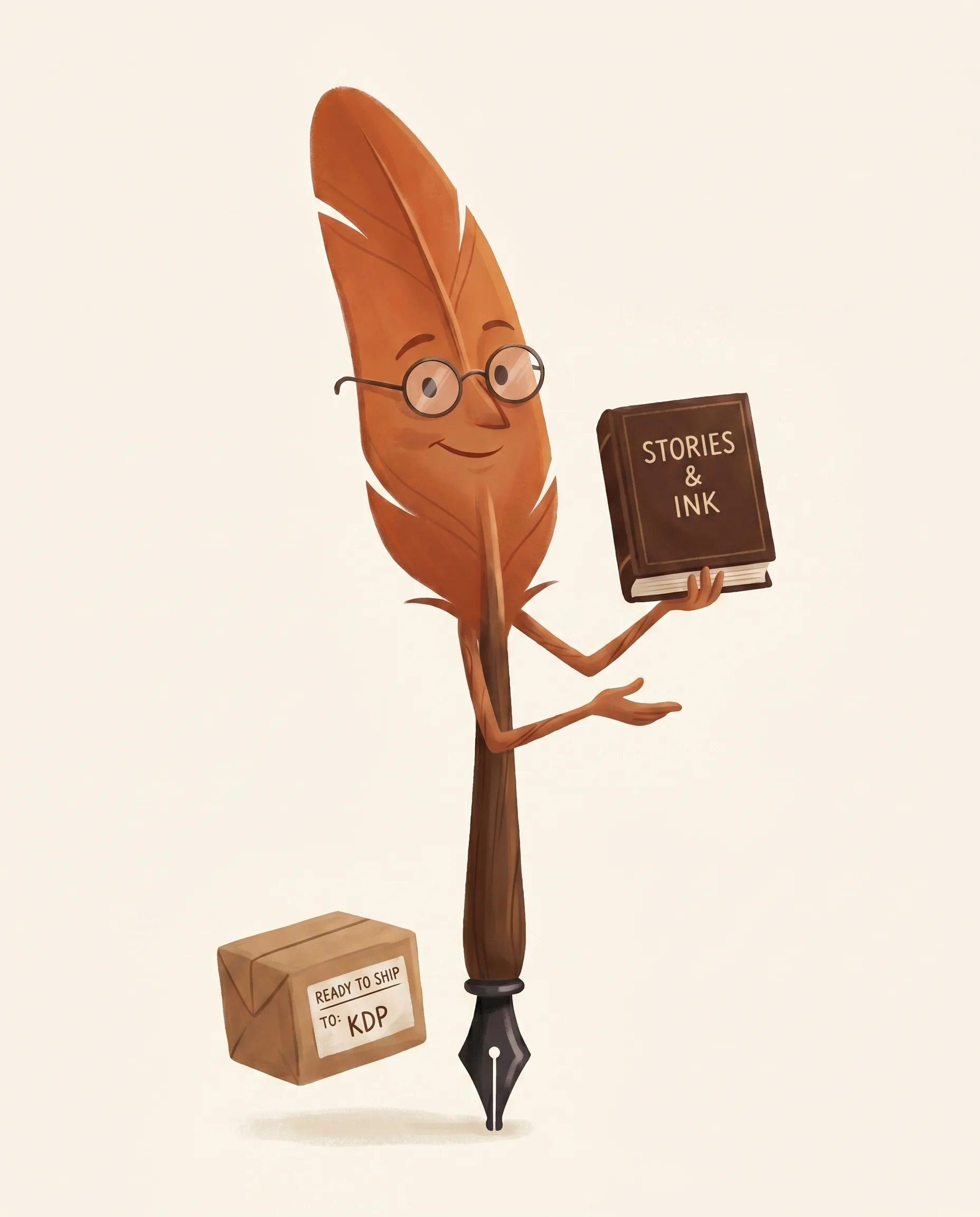 Wren proudly presenting a finished hardcover book at chest level with a shipping label at his feet