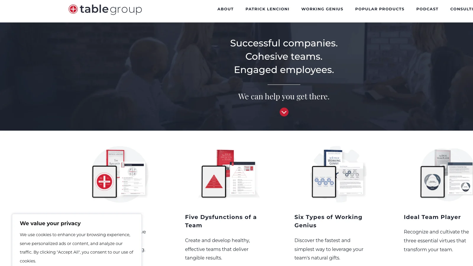 The Table Group homepage featuring Patrick Lencioni's frameworks