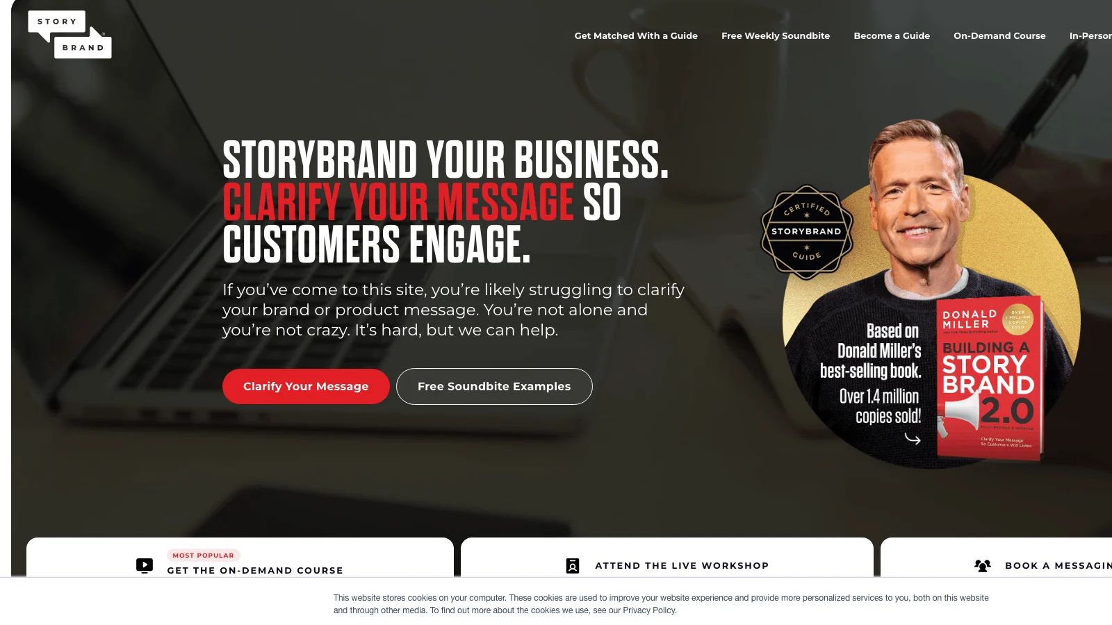 StoryBrand homepage with Donald Miller's certification offerings