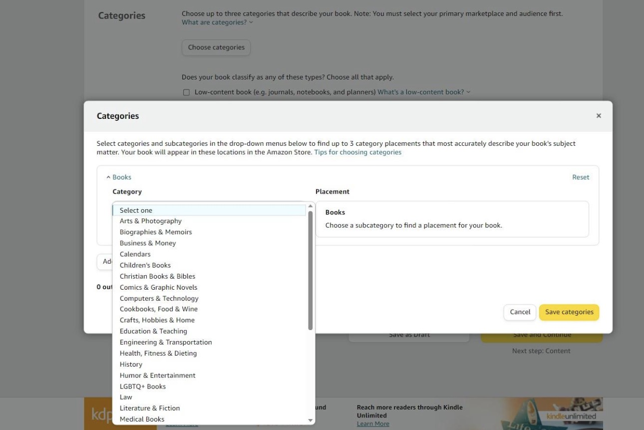 The standard Amazon KDP category picker interface for choosing browse categories.