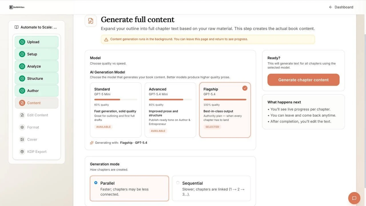 Built&Written Generate full content screen with Standard, Advanced, and Flagship AI model options