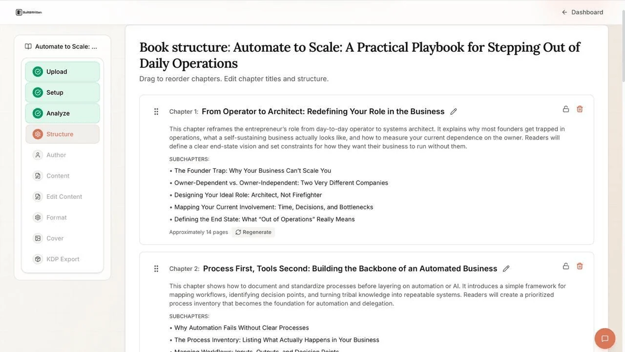 Built&Written book structure editor showing draggable chapters with subchapters for a business book