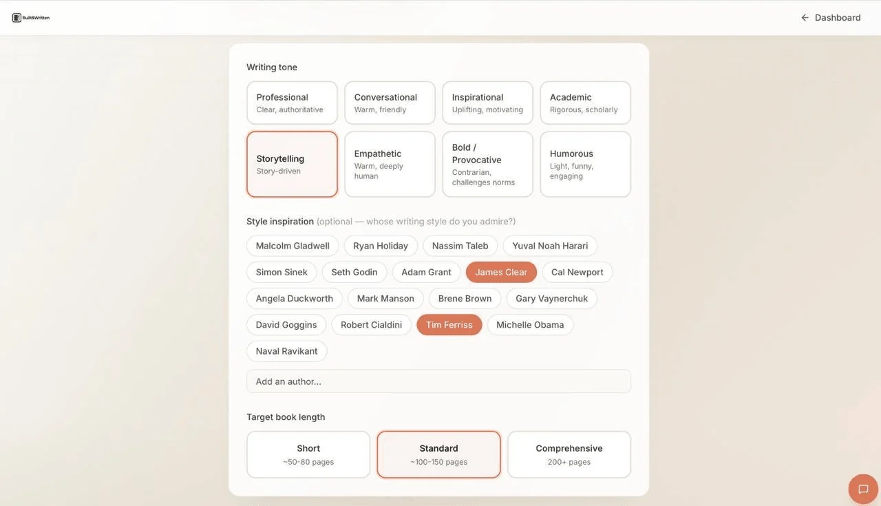 Built&Written writing tone and style inspiration screen with author style options and target book length