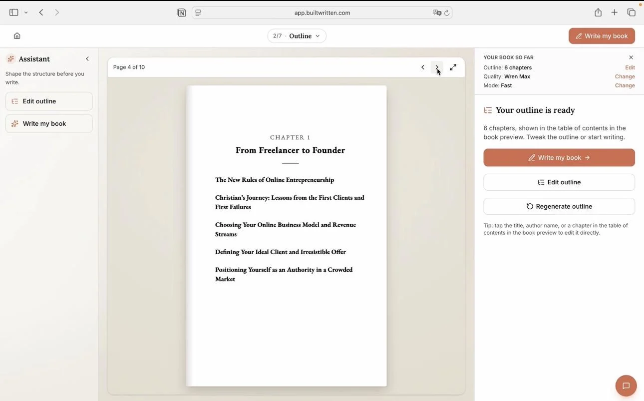 Wren's structure step in Built&Written, showing a chapter outline organized before drafting