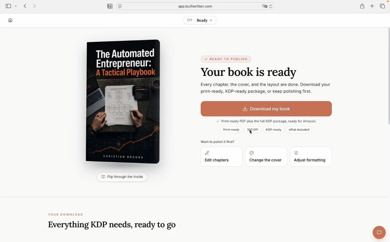 Wren's book-is-ready screen in Built&Written showing a finished, publish-ready book