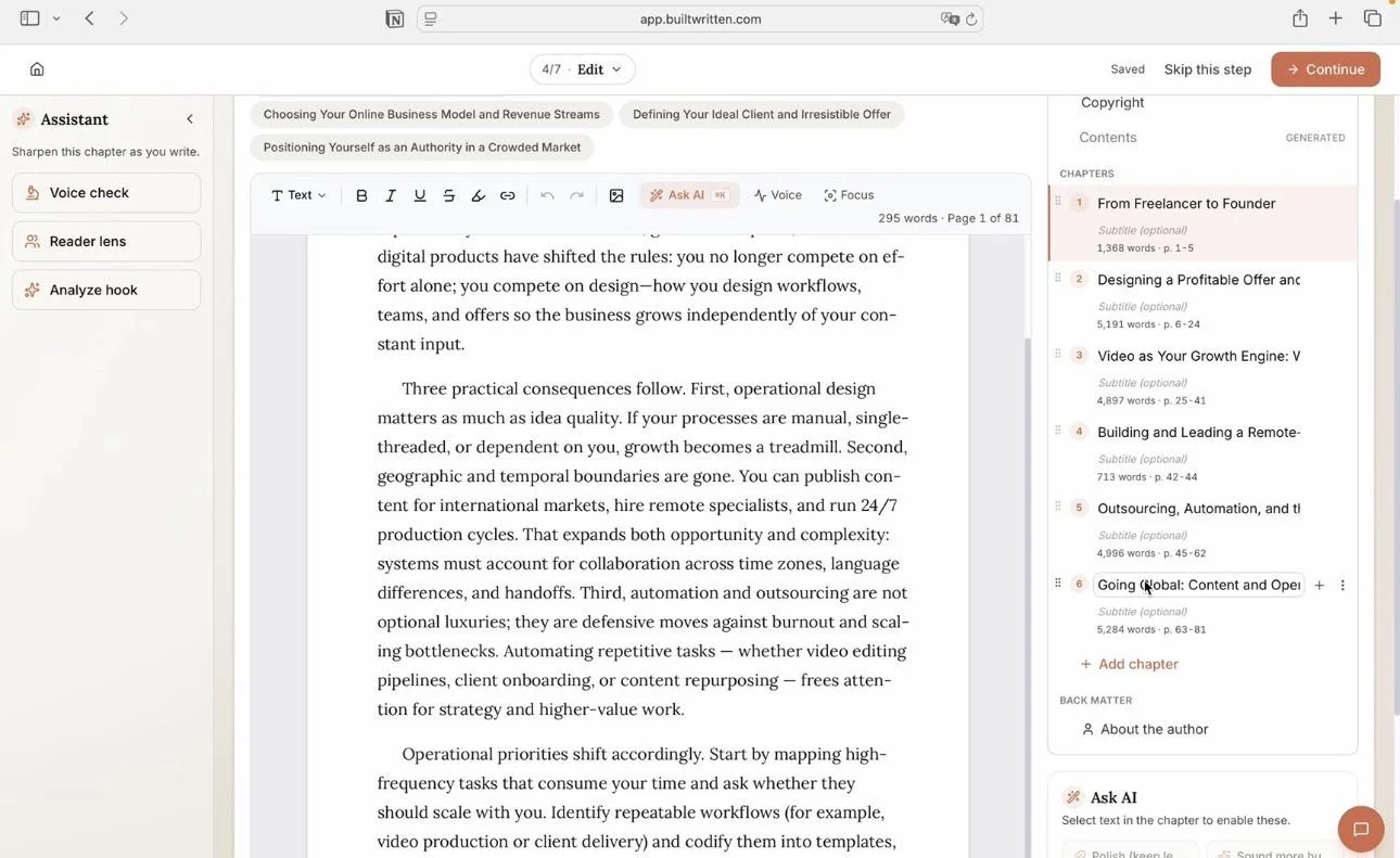 Wren in Built&Written checking voice, hooks, and readability on every chapter