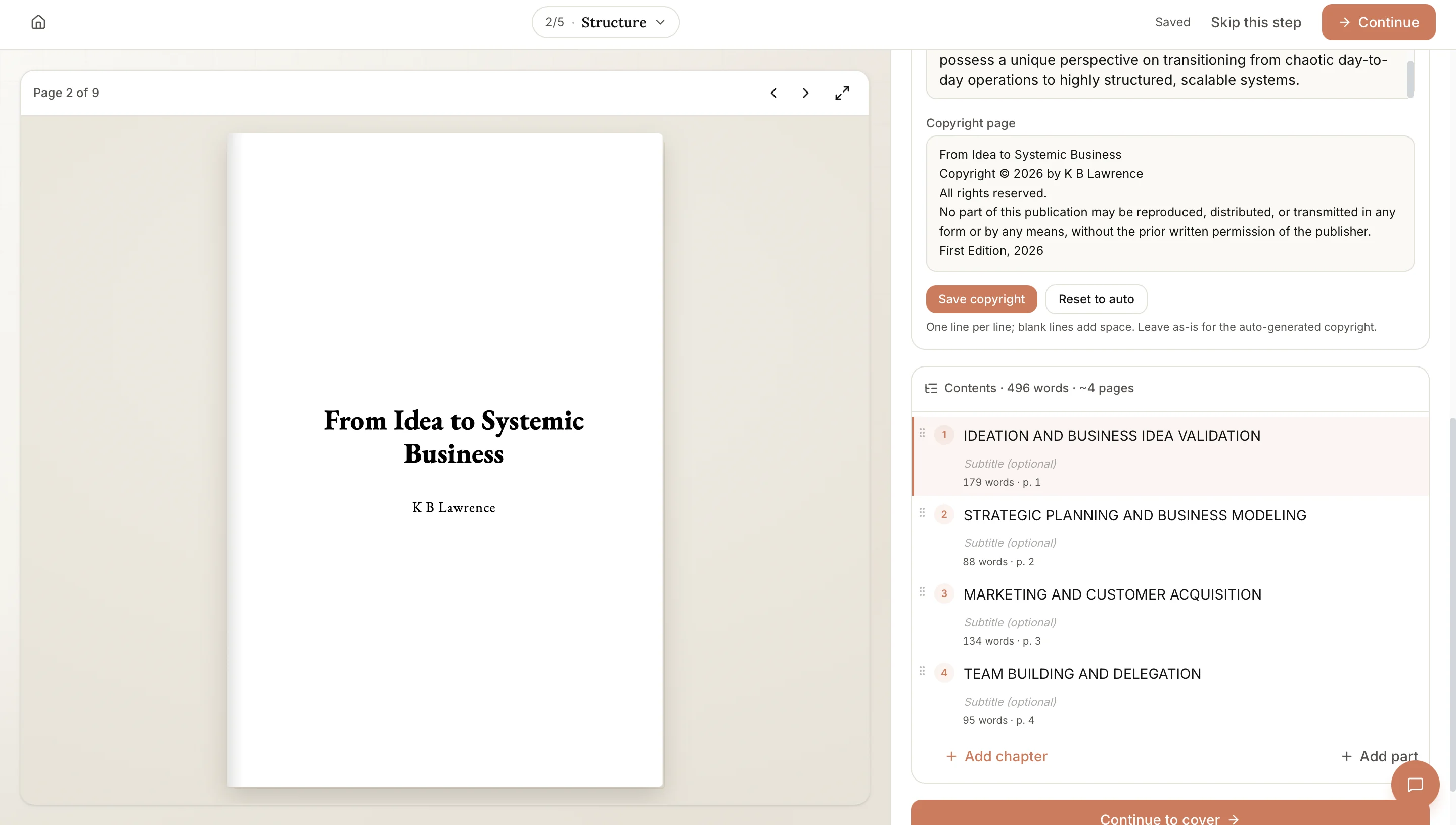 A manuscript taking shape in Wren: real chapters, word counts, and a drafted copyright page.