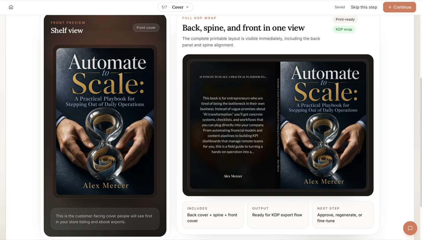 Built&Written cover step showing a front-cover shelf preview beside the full KDP wrap, with the back-panel blurb, spine, and front cover laid out in one view and tagged print-ready and KDP wrap.