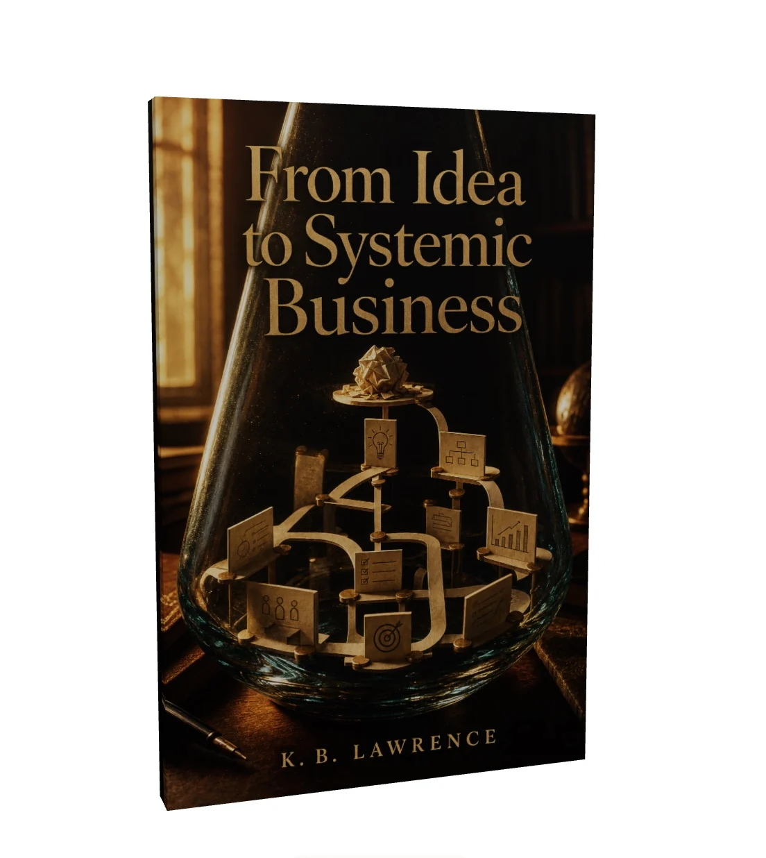 An original business book cover concept for From Idea to Systemic Business, showing a glass flask holding a miniature paper business system, generated and refined in Built&Written