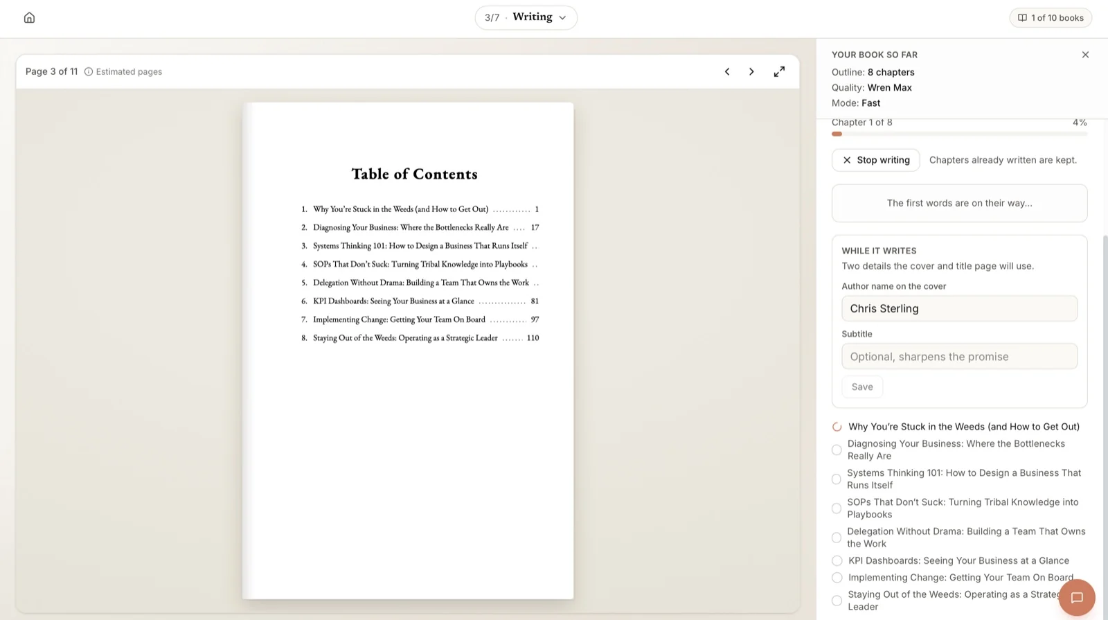 Built&Written editor drafting a business book chapter by chapter, with a generated table of contents on the left and chapter status and controls on the right