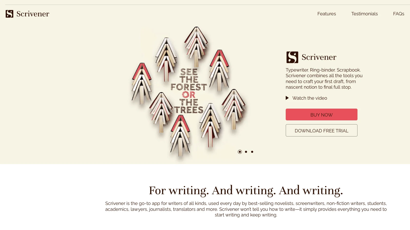 Scrivener overview page from Literature and Latte showing the Binder, Corkboard, and Outliner organization features