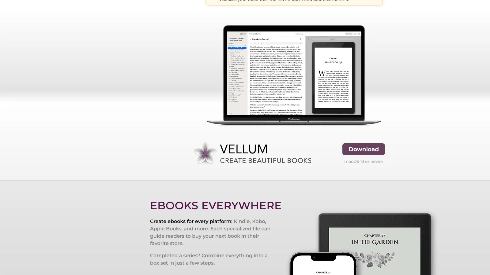 Vellum homepage with the tagline create beautiful books, showing its formatting-first positioning