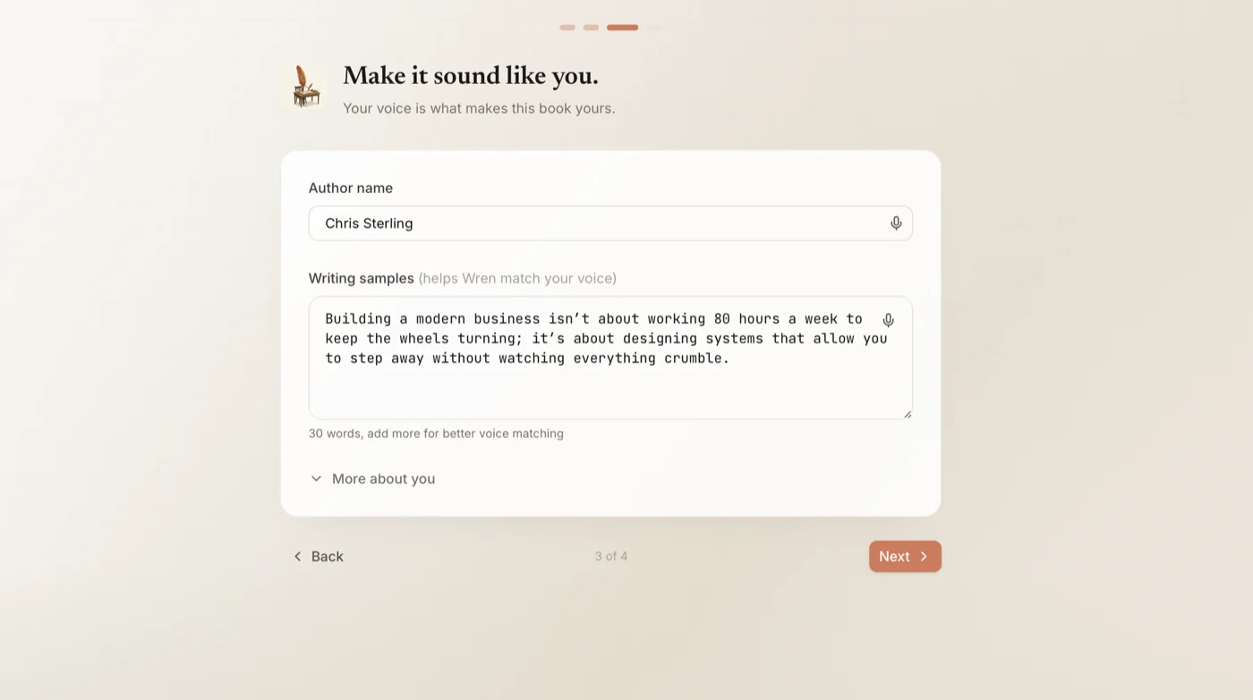 Wren's Make it sound like you step, showing an author name field and a Writing samples box where a sample paragraph has been pasted so Wren can match the author's voice.