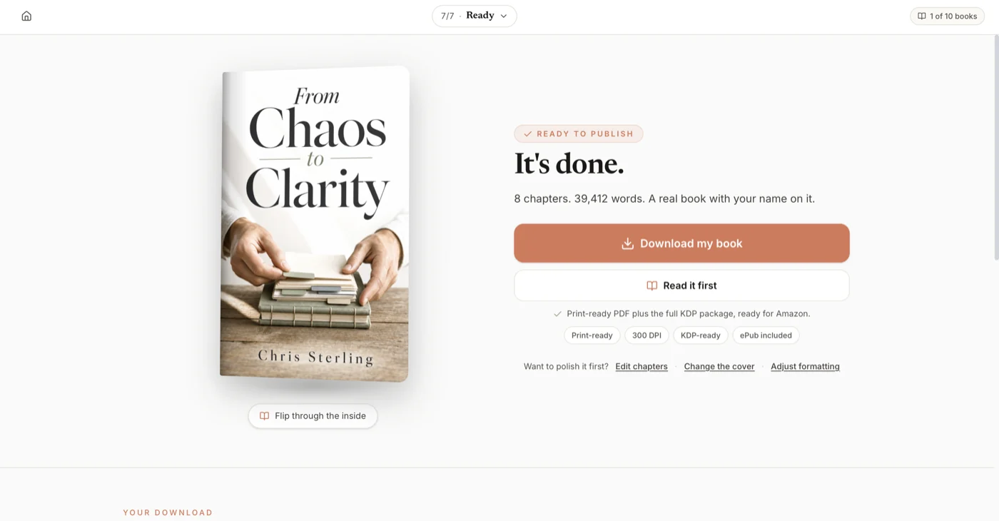 Wren's Ready step marked Ready to publish, showing a finished From Chaos to Clarity book cover, a word count, a Download my book button, and badges reading Print-ready, 300 DPI, KDP-ready, and ePub included.