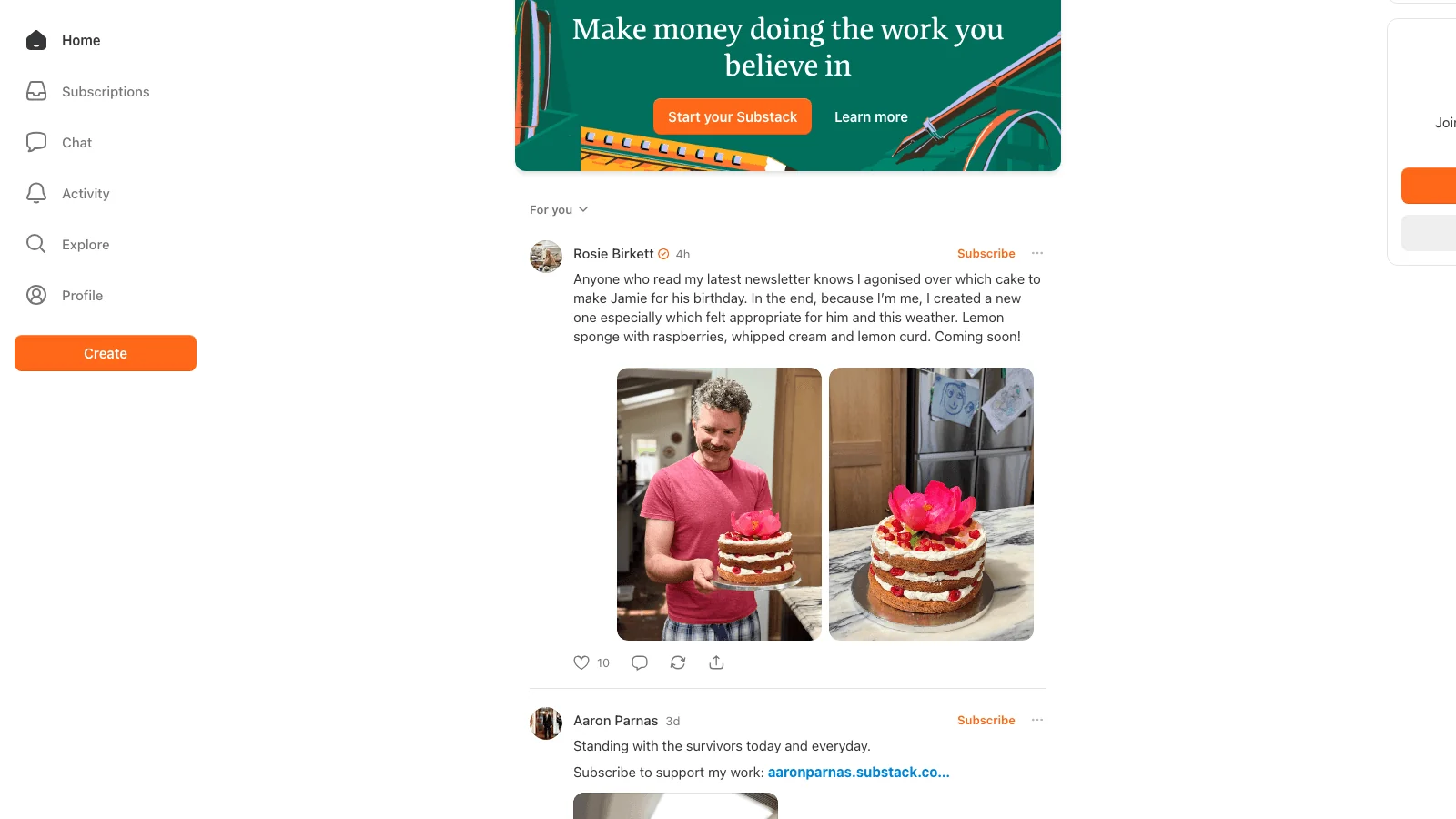 Substack homepage featuring newsletter creators, the canonical layer-two thought leadership engine for owned distribution