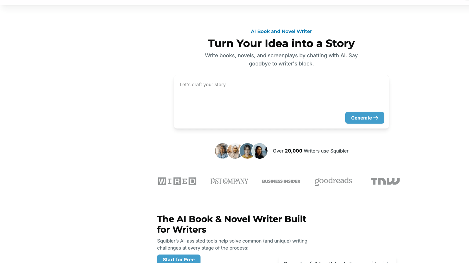 Squibler homepage reading Turn Your Idea into a Story, an AI book and novel writer built for writers