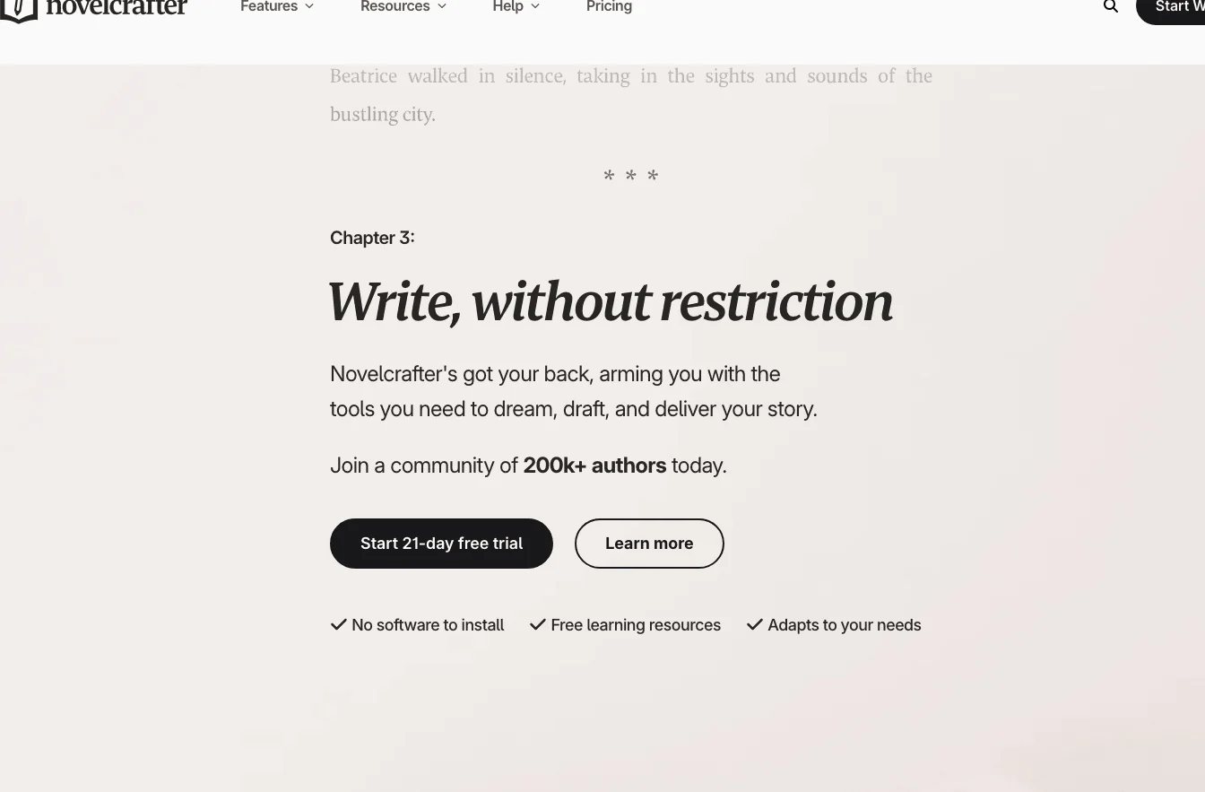 NovelCrafter homepage with the headline Write, without restriction and a 21-day free trial button