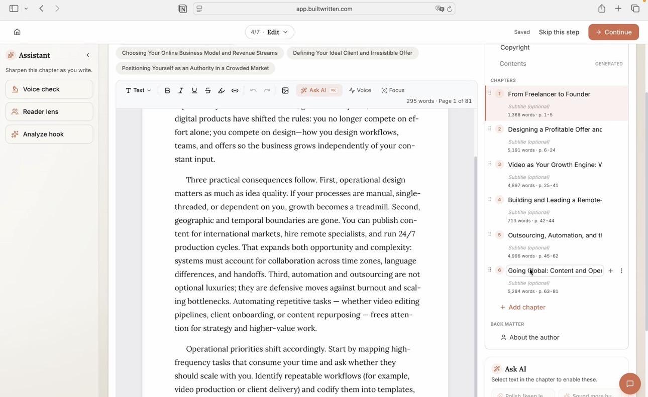 Wren's chapter editor in Built&Written running voice, reader and hook checks on a chapter before it ships