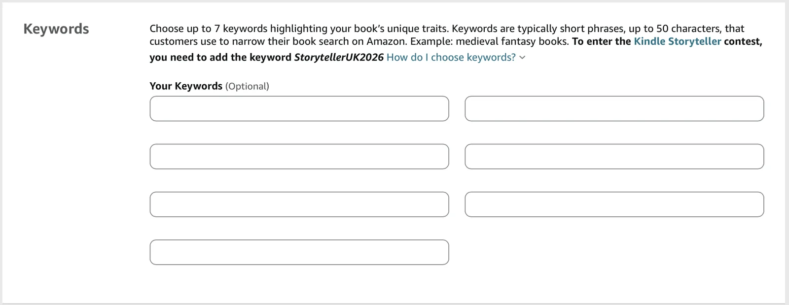 Seven empty backend keyword fields in the Keywords section of the Amazon KDP dashboard