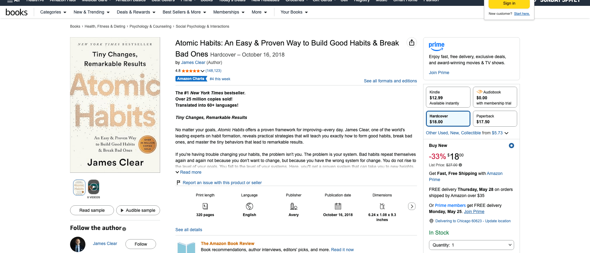 Amazon listing for Atomic Habits by James Clear, the canonical example of a book that compounds as a business card for decades