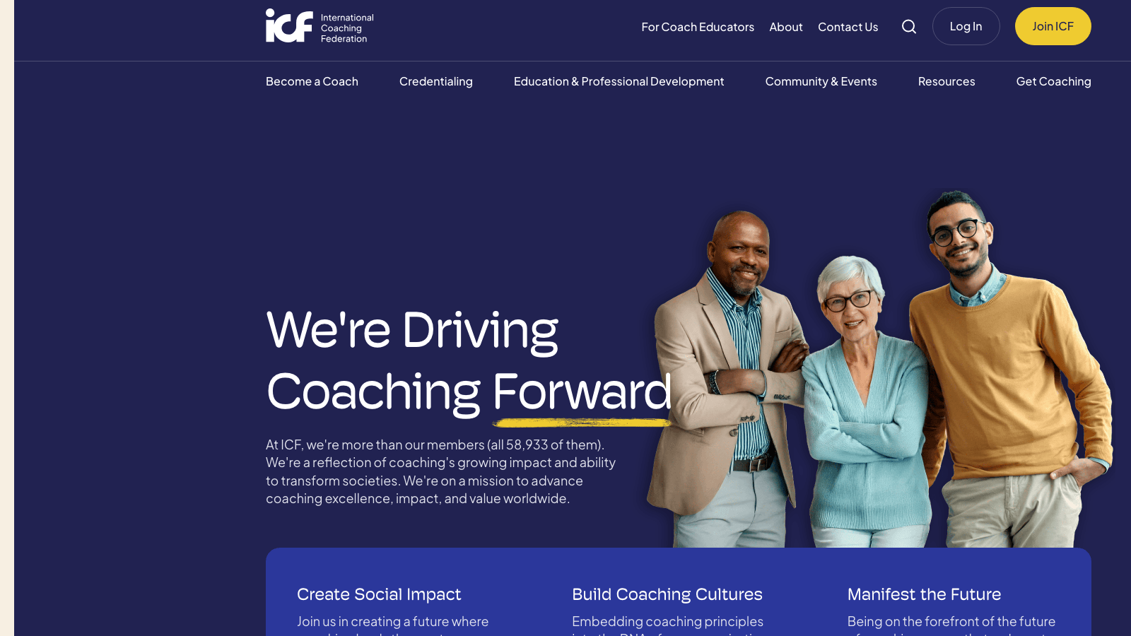 International Coaching Federation homepage showing the global research and credentialing body for the coaching profession