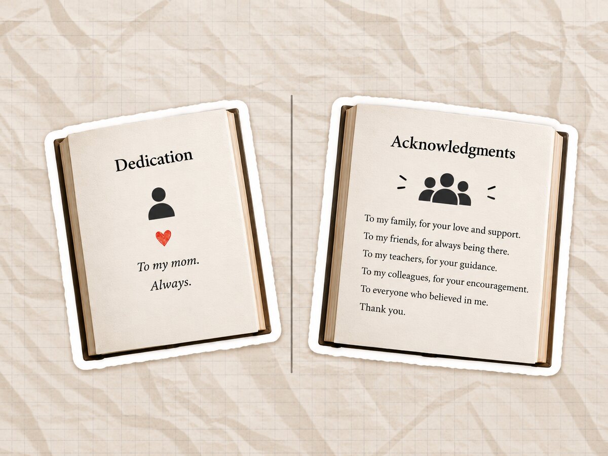An open book comparing a one-line dedication page with a longer acknowledgments page that thanks several people