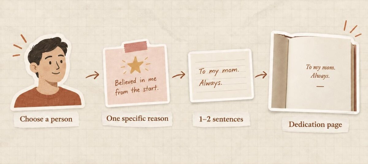 Four-step diagram: choose a person, name one specific reason, keep it to one or two sentences, place it on its own dedication page