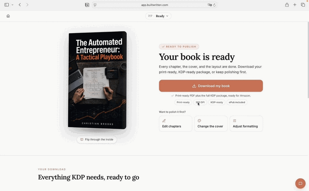 Built&Written's Ready step showing a finished KDP-ready book with its cover, chapters, and download package