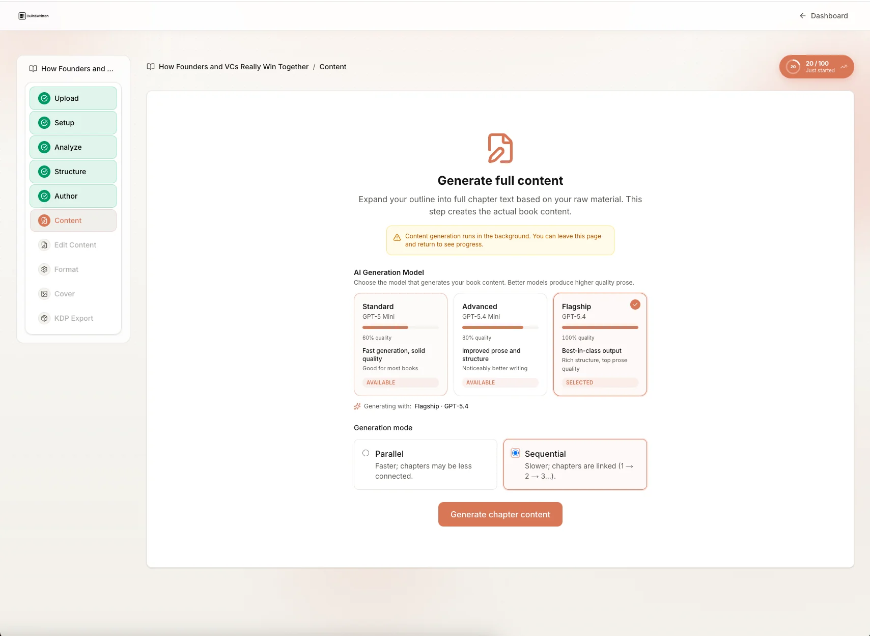 Built&Written: AI model picker showing Standard, Advanced, and Flagship options with Sequential and Parallel modes