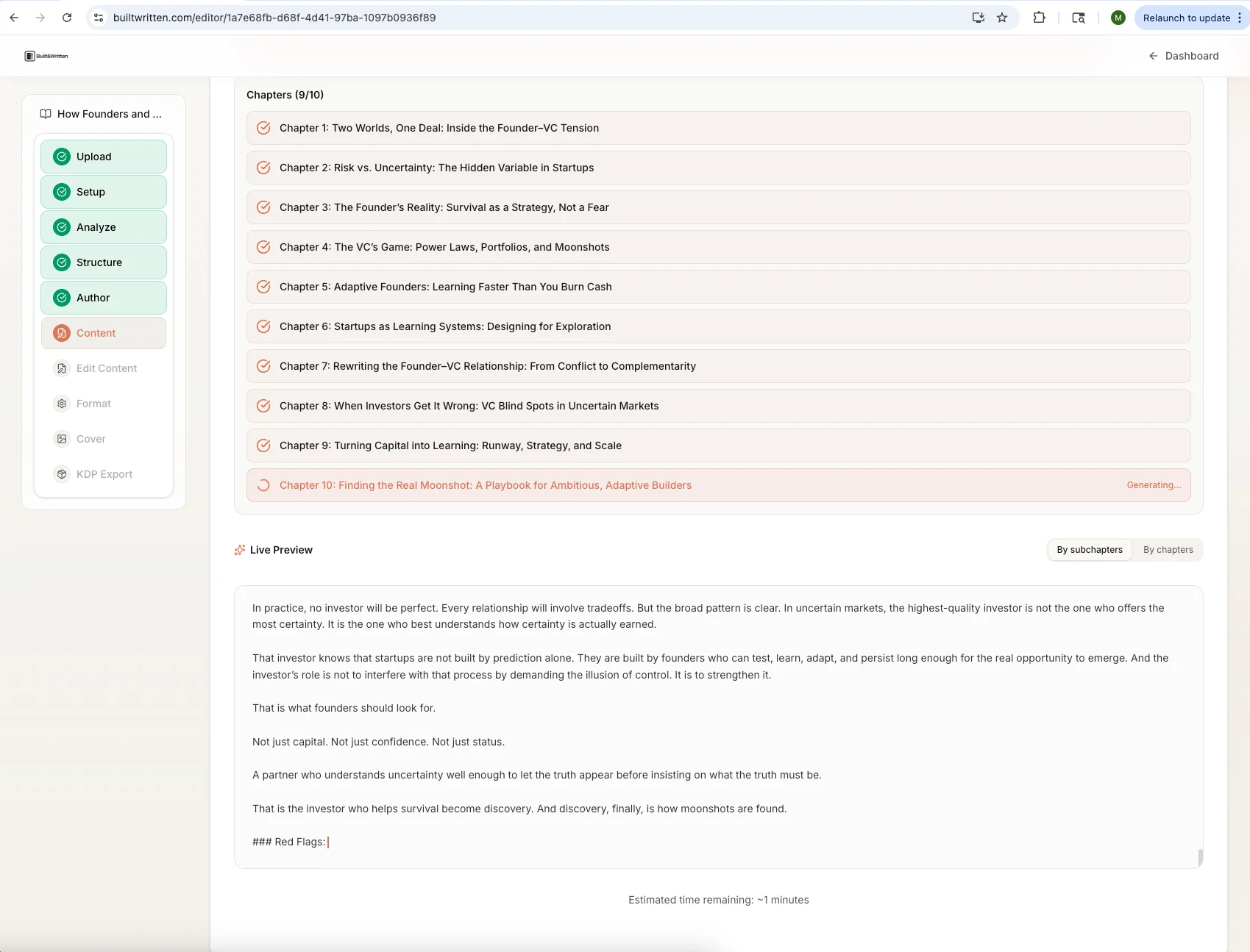 Built&Written live chapter preview with subsection navigation during content generation