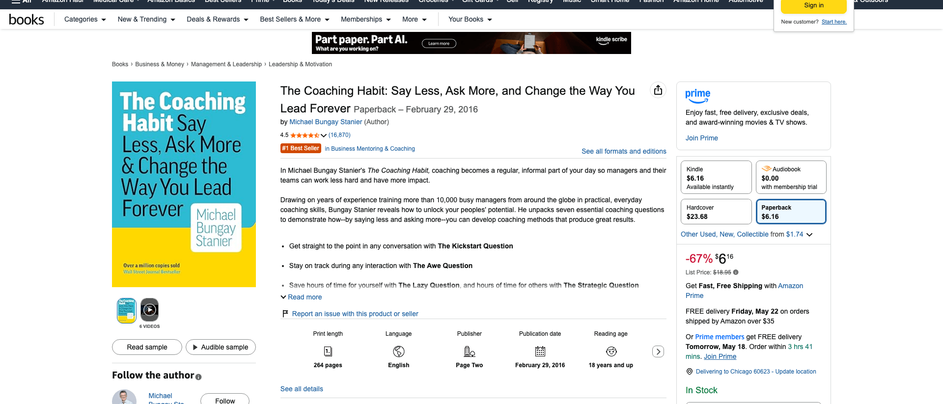 Amazon listing for The Coaching Habit by Michael Bungay Stanier showing a flat teal and yellow paperback cover, 16,870 reviews and #1 Best Seller badge in Business Mentoring and Coaching