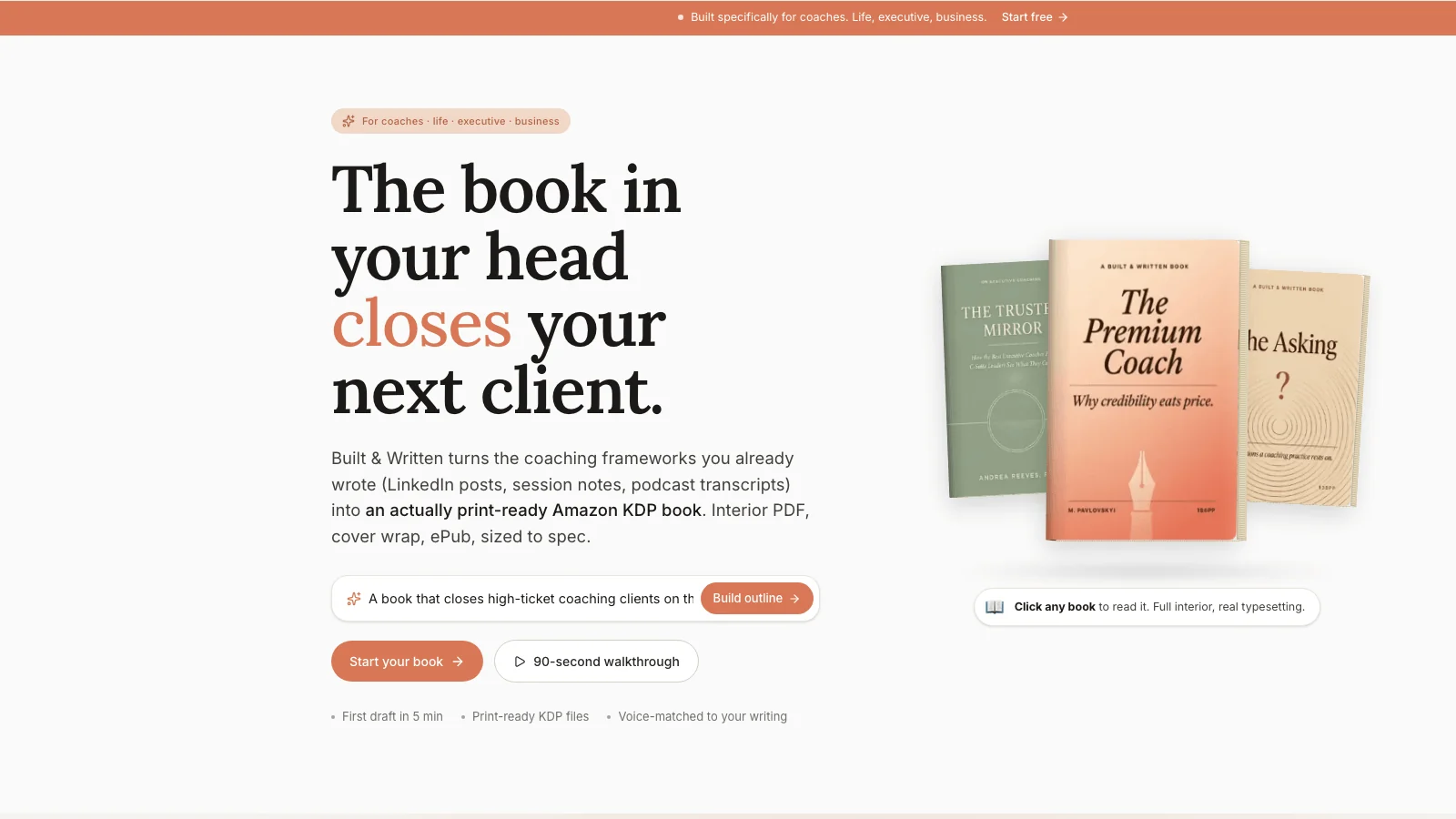 Built and Written coaches page showing the hero text The book in your head closes your next client with three sample coach book covers titled The Premium Coach, The Trusted Mirror, and The Asking laid out on a table