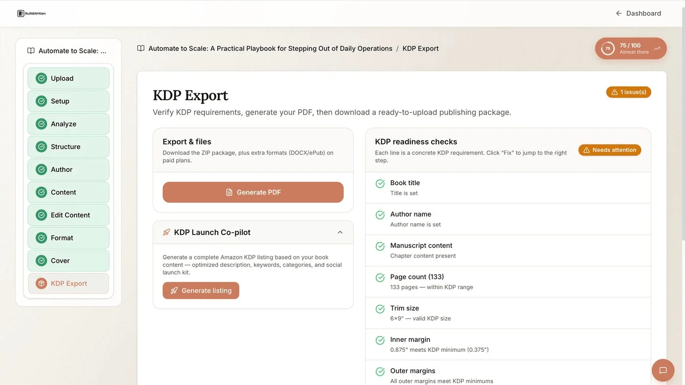 Built and Written KDP Export screen running readiness checks on trim size, margins, and page count