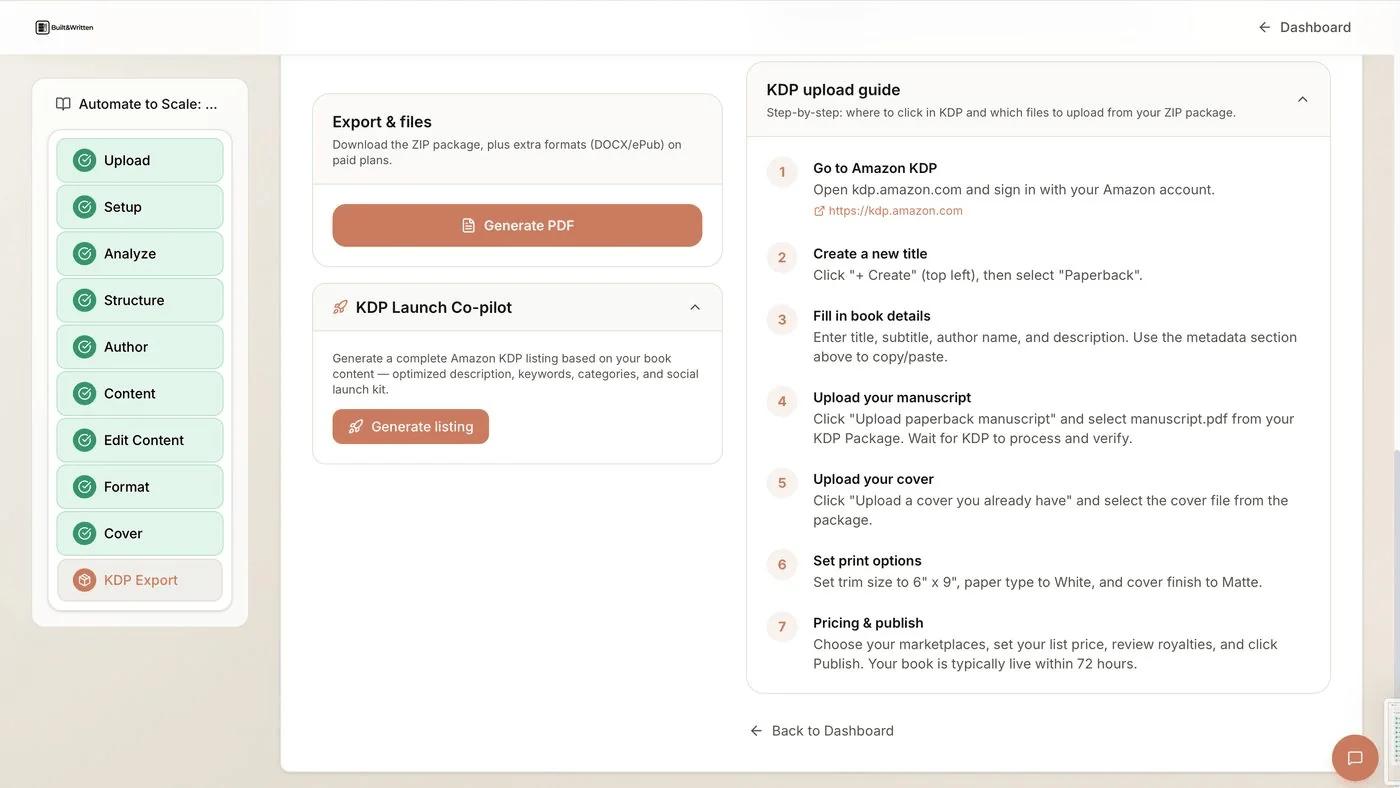 Step-by-step KDP upload guide inside Built and Written listing seven steps from sign-in to publish