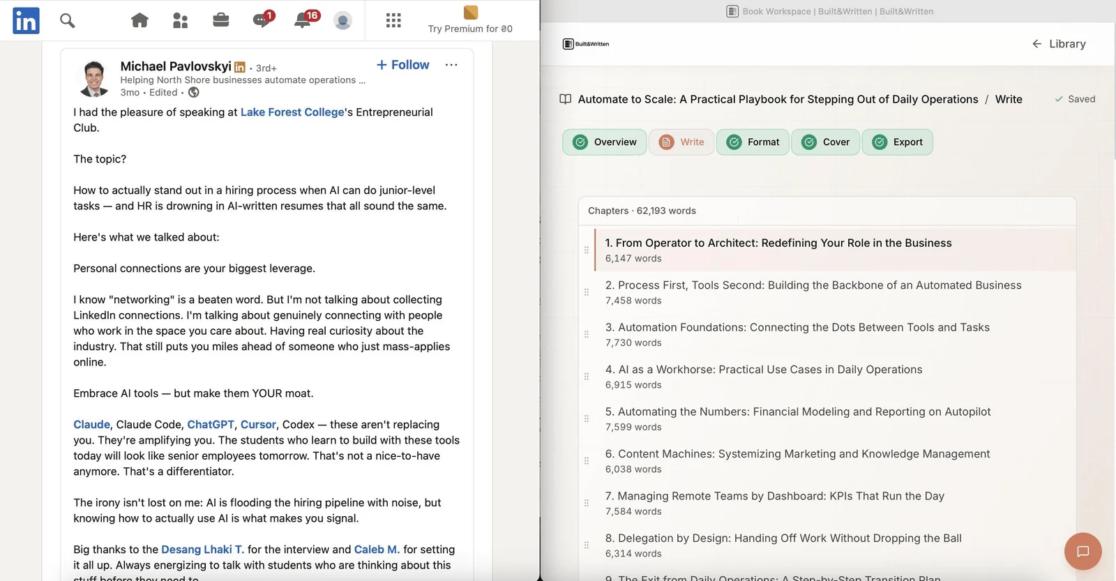LinkedIn post shown beside the Built&Written chapter structure generated from it