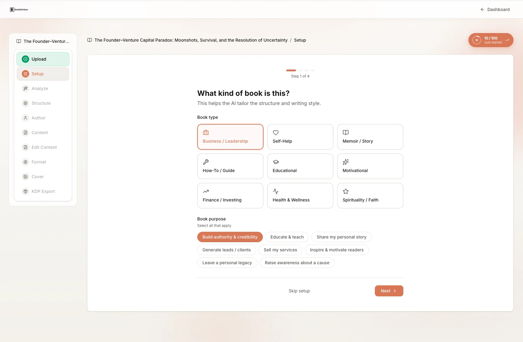 Built&Written setup wizard step 1: choosing a book type
