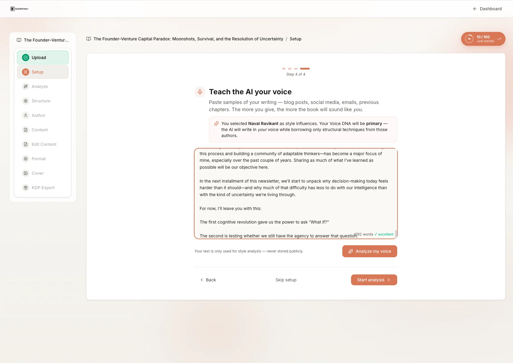 Built&Written: Teach the AI your voice screen with sample text and Naval Ravikant author reference