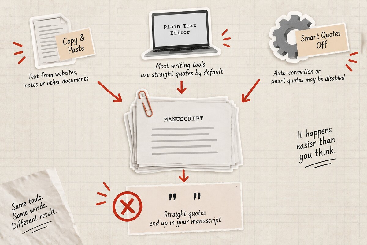 Three sources of straight quotes: text copied from another document, a plain-text editor, and a smart-quotes setting switched off, all ending up in the manuscript