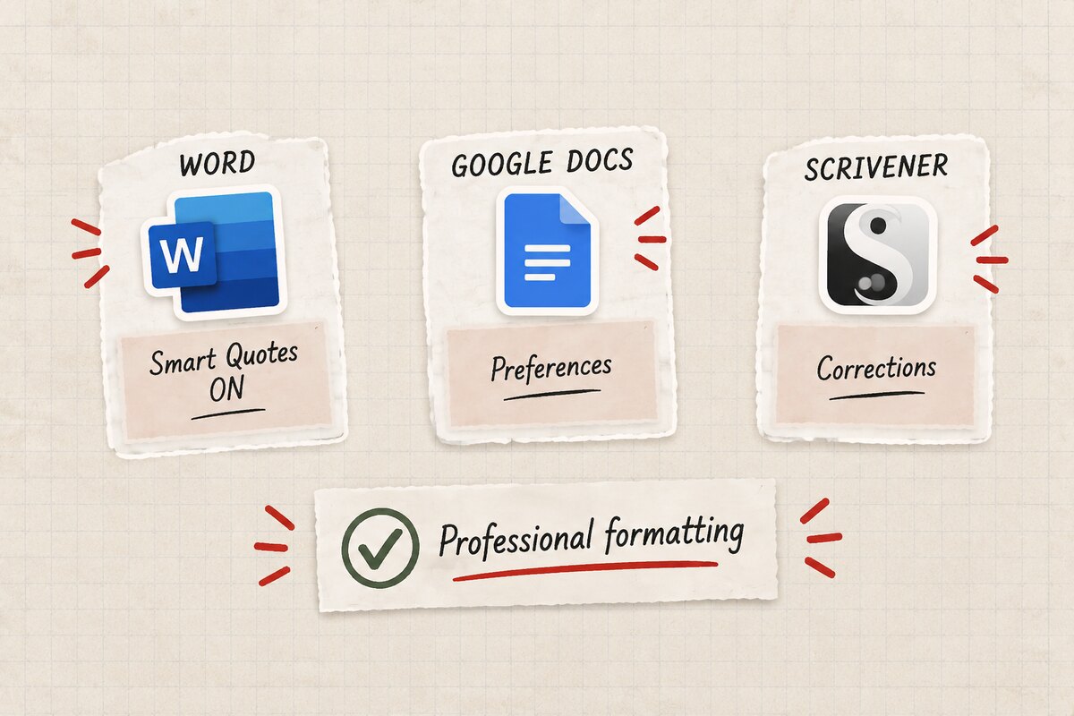Where the smart-quotes setting lives in Word, Google Docs, and Scrivener