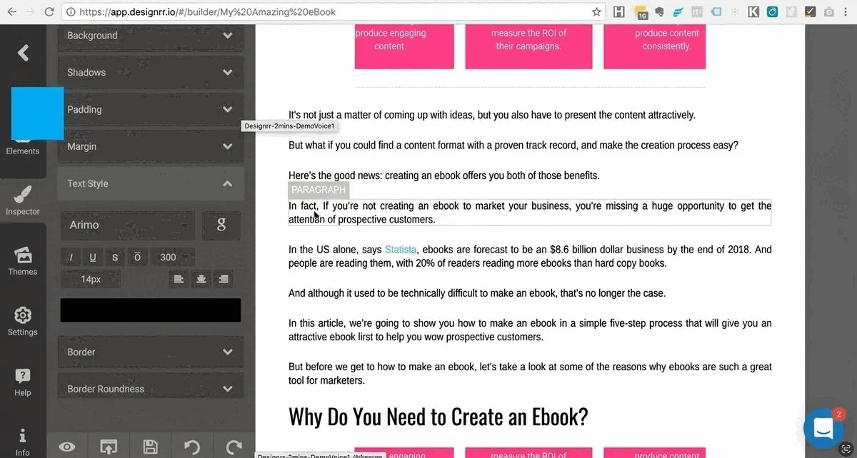 The Designrr editor showing a live style panel beside the ebook page being built