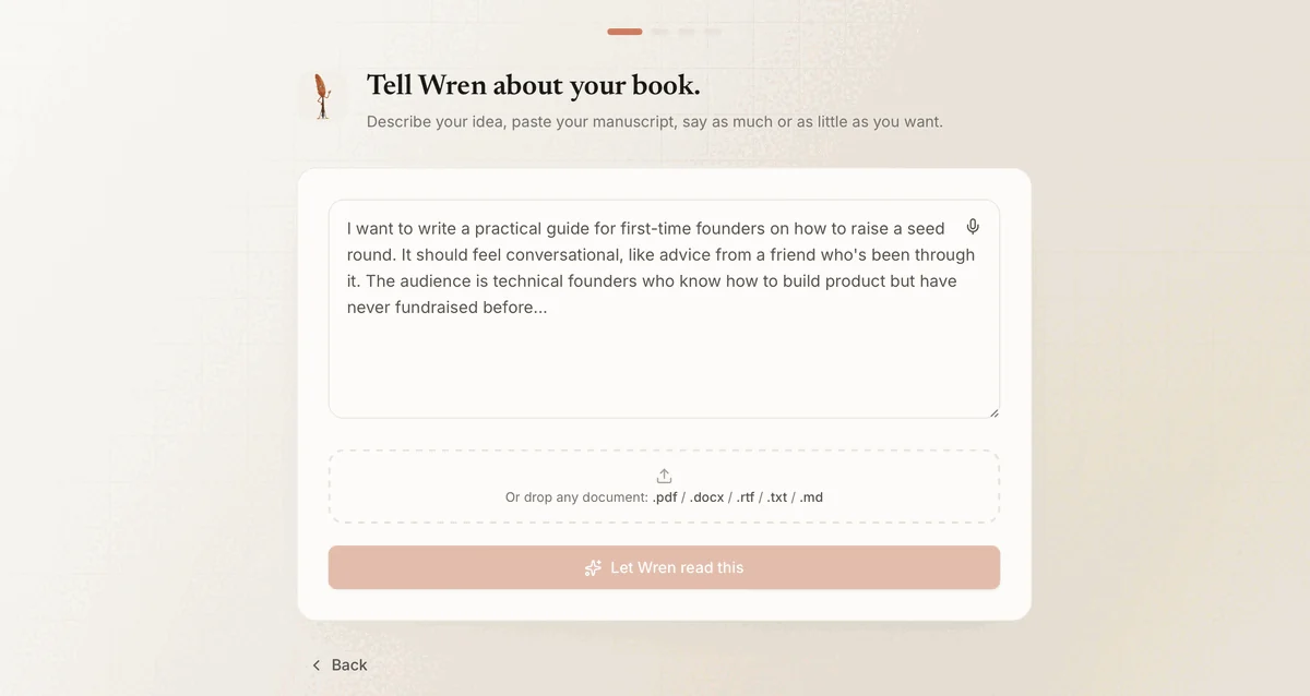The Built&Written prompt screen asking the author to describe the book or paste a manuscript