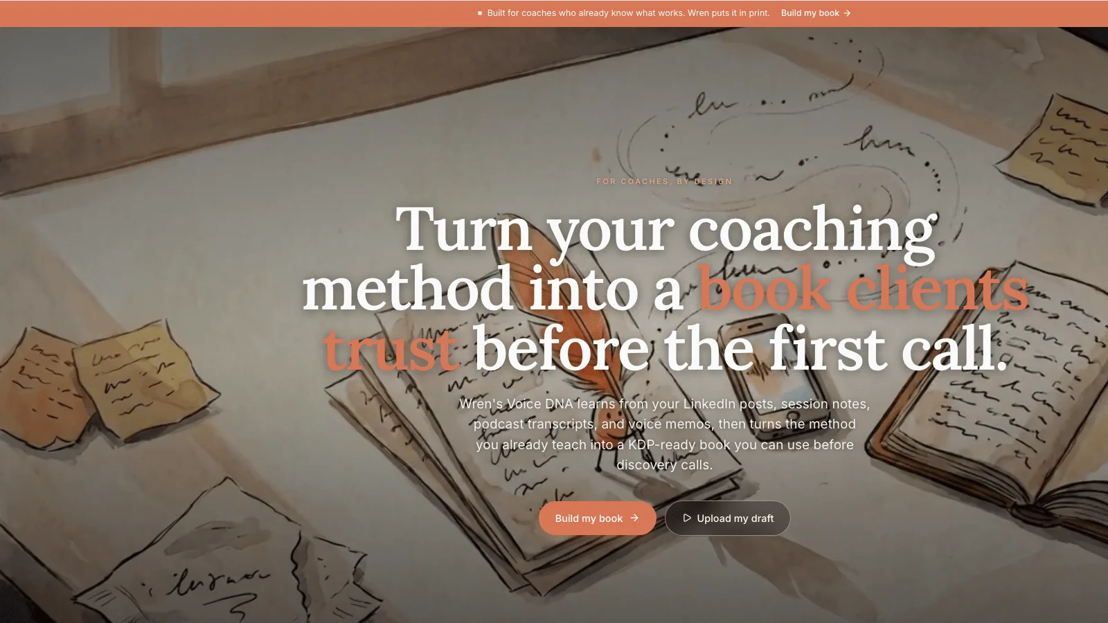 Built&Written coaches landing page reading Turn your coaching method into a book clients trust before the first call
