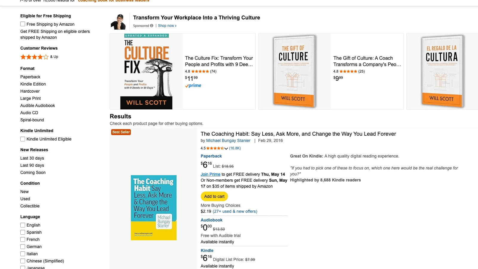 Amazon search results showing coaching books available in Kindle and paperback formats