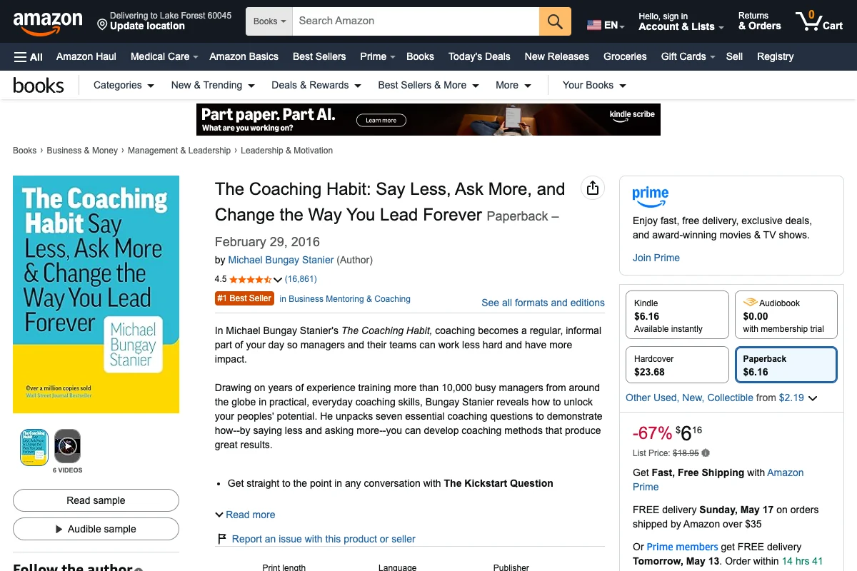 The Coaching Habit book listing on Amazon showing Kindle, Paperback, Hardcover, and Audiobook format options