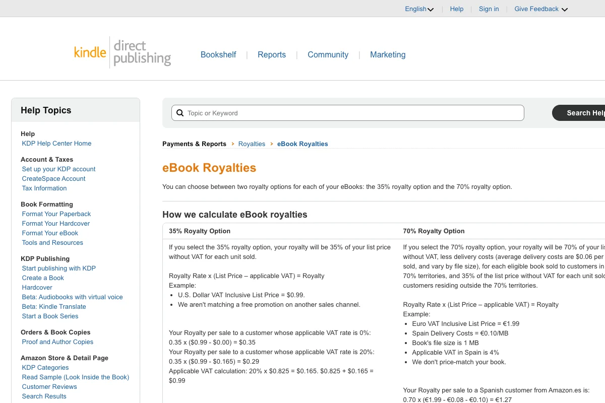KDP eBook Royalties help page showing the 35 percent and 70 percent royalty tier options
