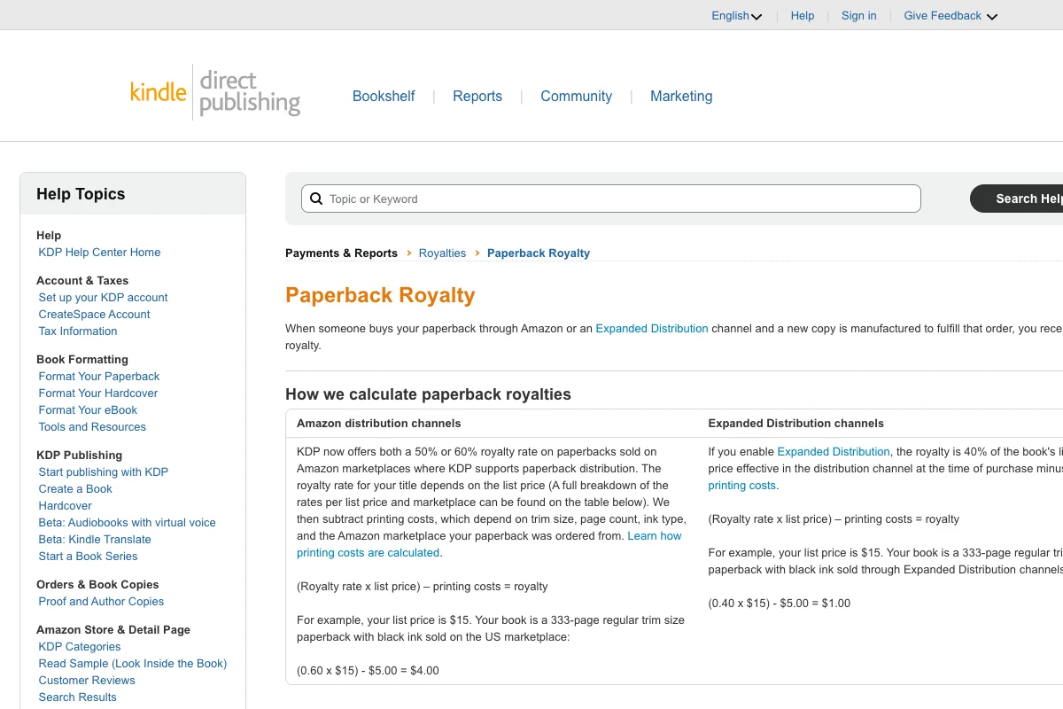 KDP Paperback Royalty page showing how Amazon calculates print book royalties